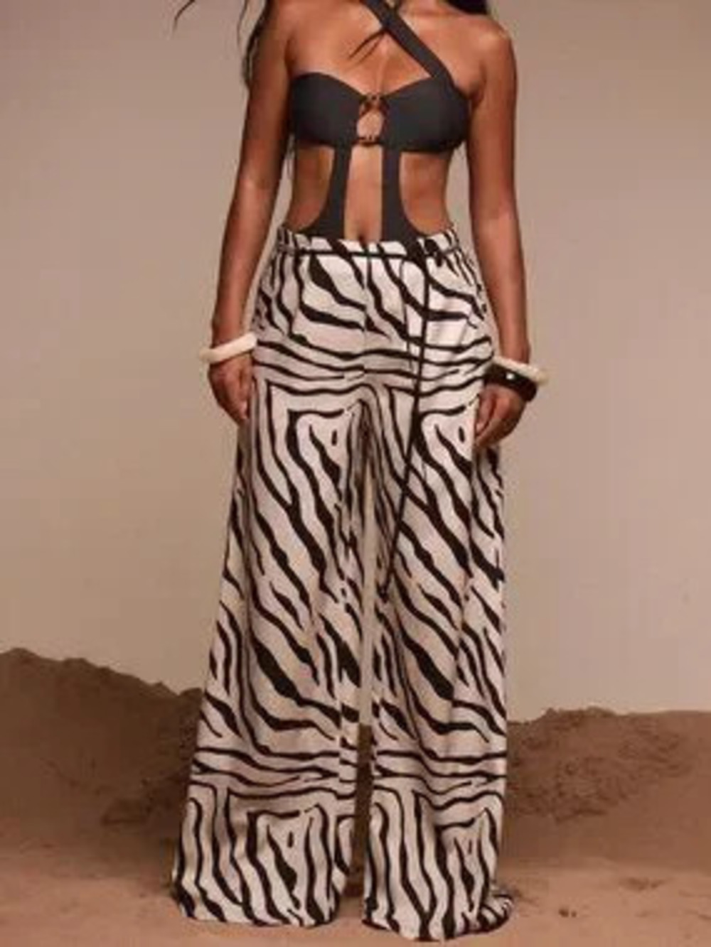 Multicolor Casual Women's Loose All Over Print Wide Leg Beach Trousers